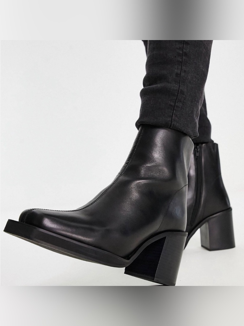 ASOS DESIGN Black Leather Heeled Chelsea Boots Angled Square Toe Men’s US 9